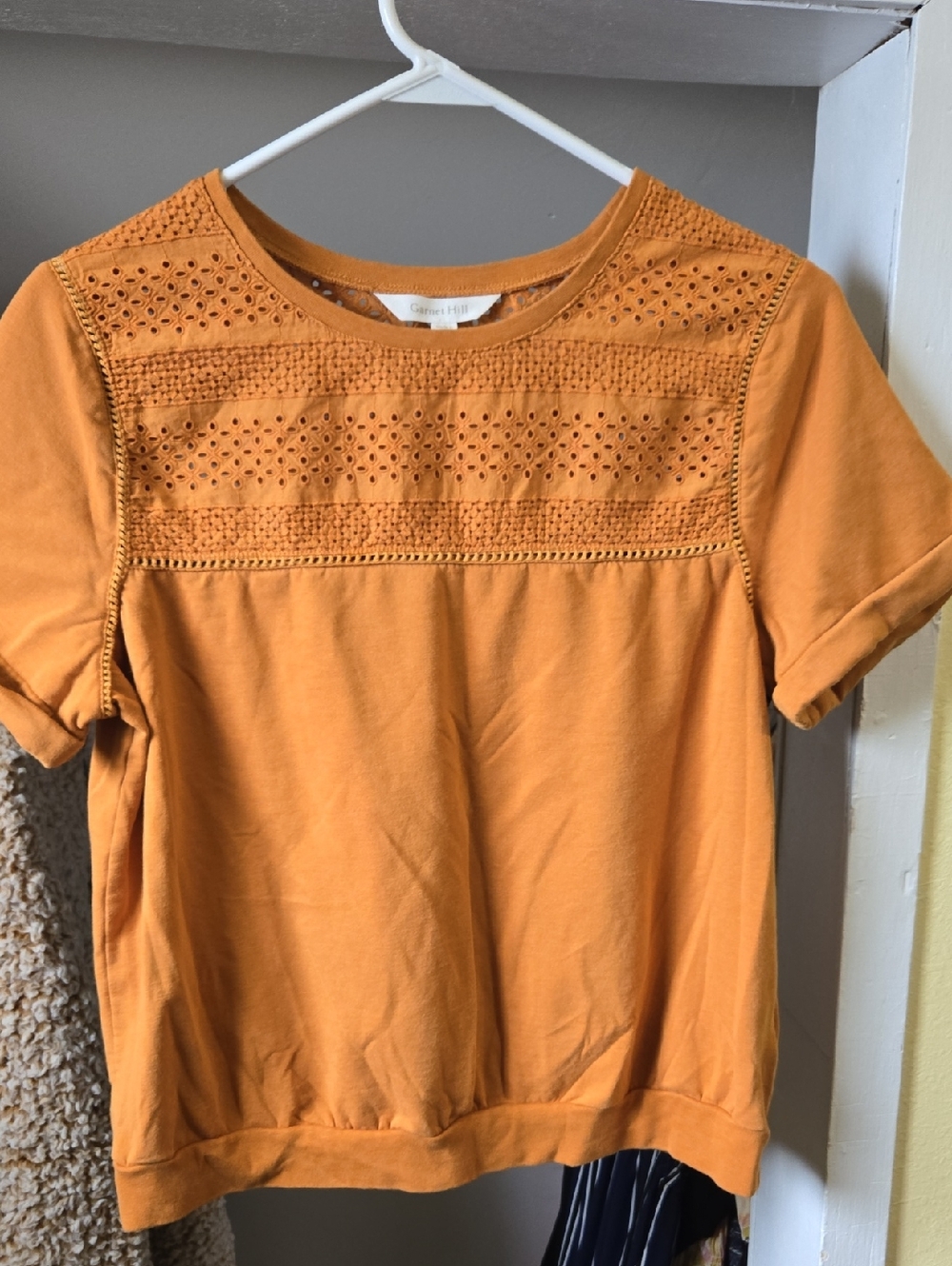 Garnet Hill Eyelet Yoke Short Sleeve Tee - Ochre
